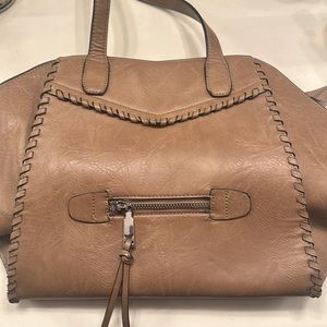 BCBG tan brown faux leather satchel purse bag 18in wide x 12in tall x 9in deep